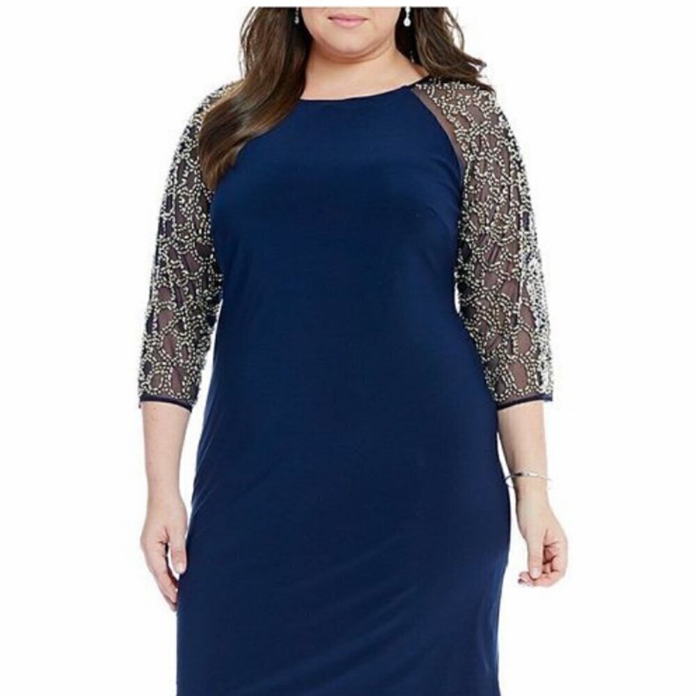 Leslie Fay SZ 10 NWT Navy Sheath Dress Beaded Mesh Sleeves Formal Dressy Party
